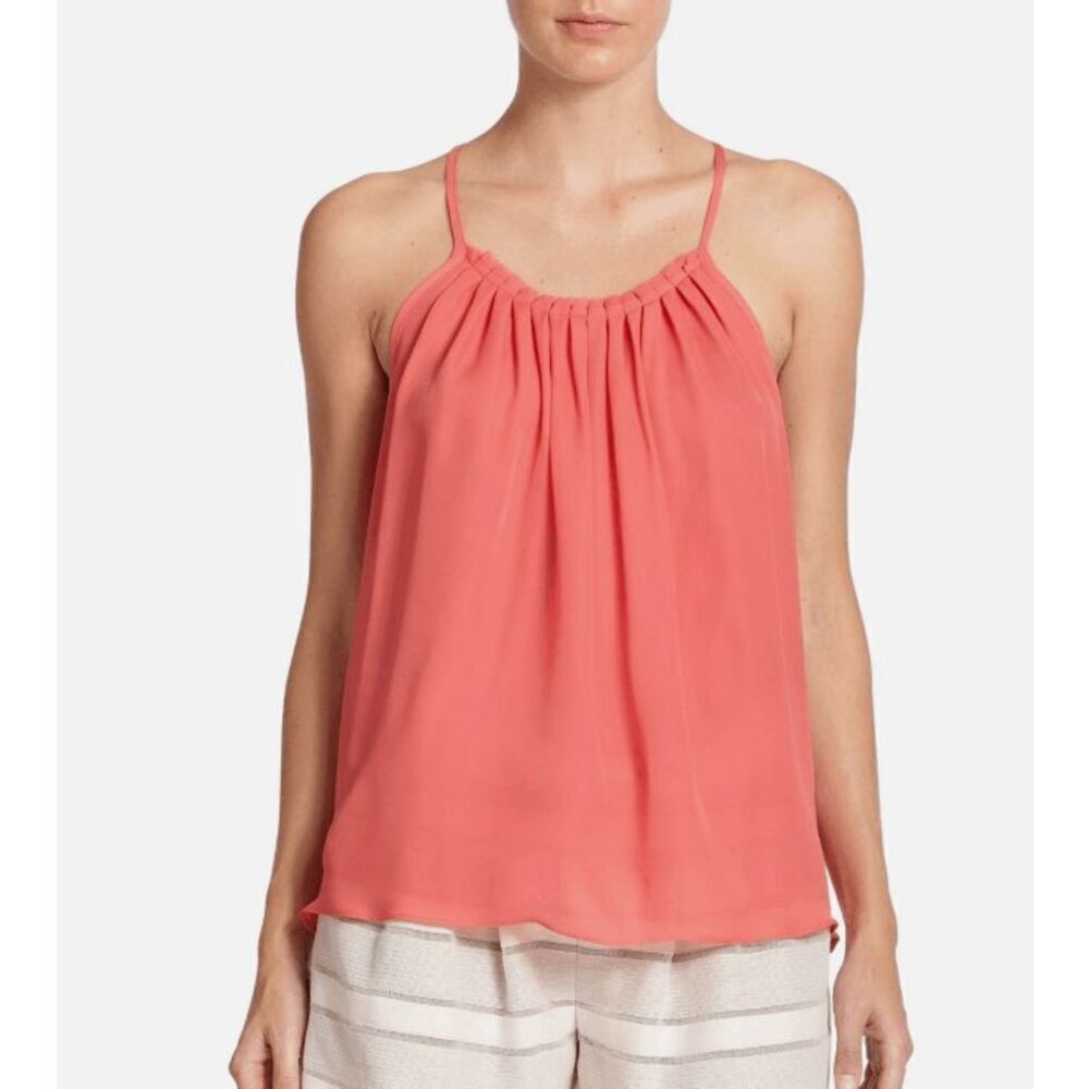 Ramy‎ Brook Olivia Silk Tank Cami Racer Back Coral Color Edge pleats Size Small